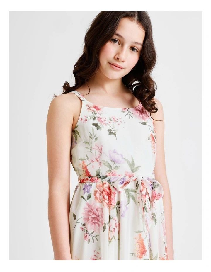 Audrey Sleeveless Woven Dress with Hankerchief Hem and Floral Print in Vanilla image 3