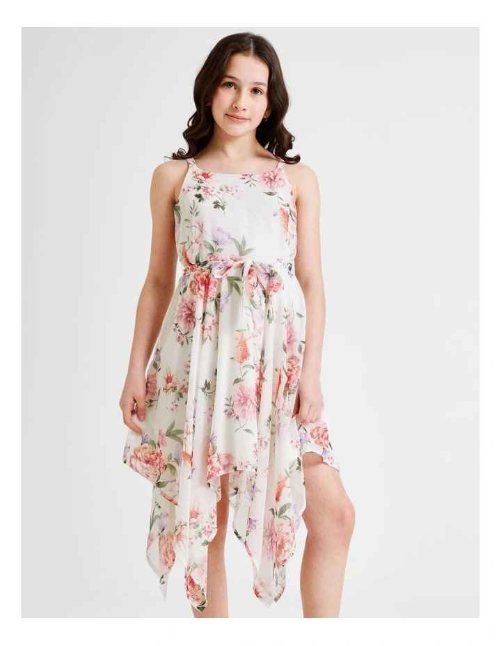 Audrey Sleeveless Woven Dress with Hankerchief Hem and Floral Print in Vanilla image 4