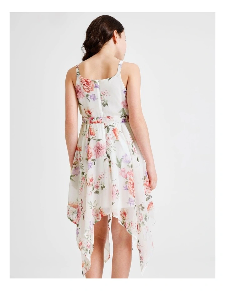 Audrey Sleeveless Woven Dress with Hankerchief Hem and Floral Print in Vanilla image 6