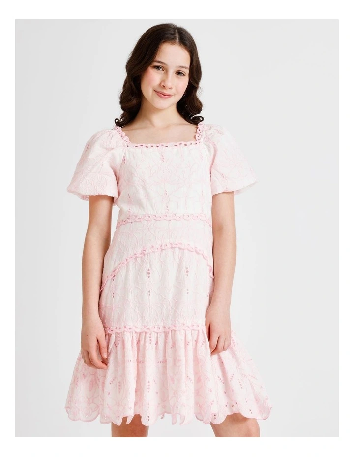 Layla Sleeveless Broidery Dress with Scallop Hem in Pink image 1