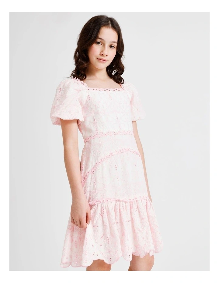 Layla Sleeveless Broidery Dress with Scallop Hem in Pink image 3