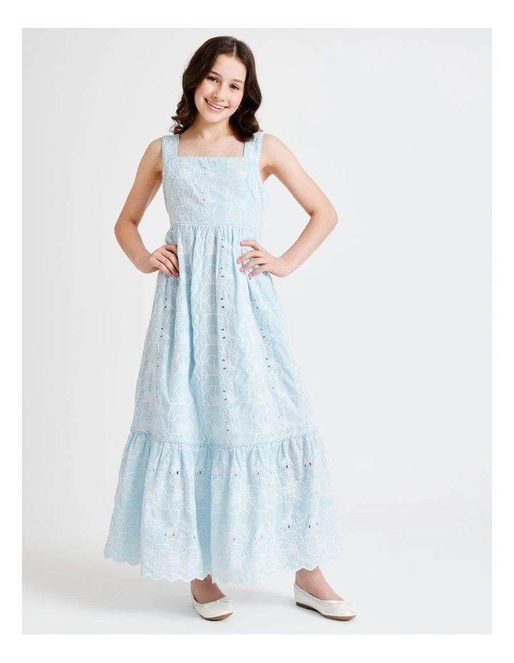 Hailey Short Sleeve Broidery Dress with Tiers and Scallop Hem in Blue image 3
