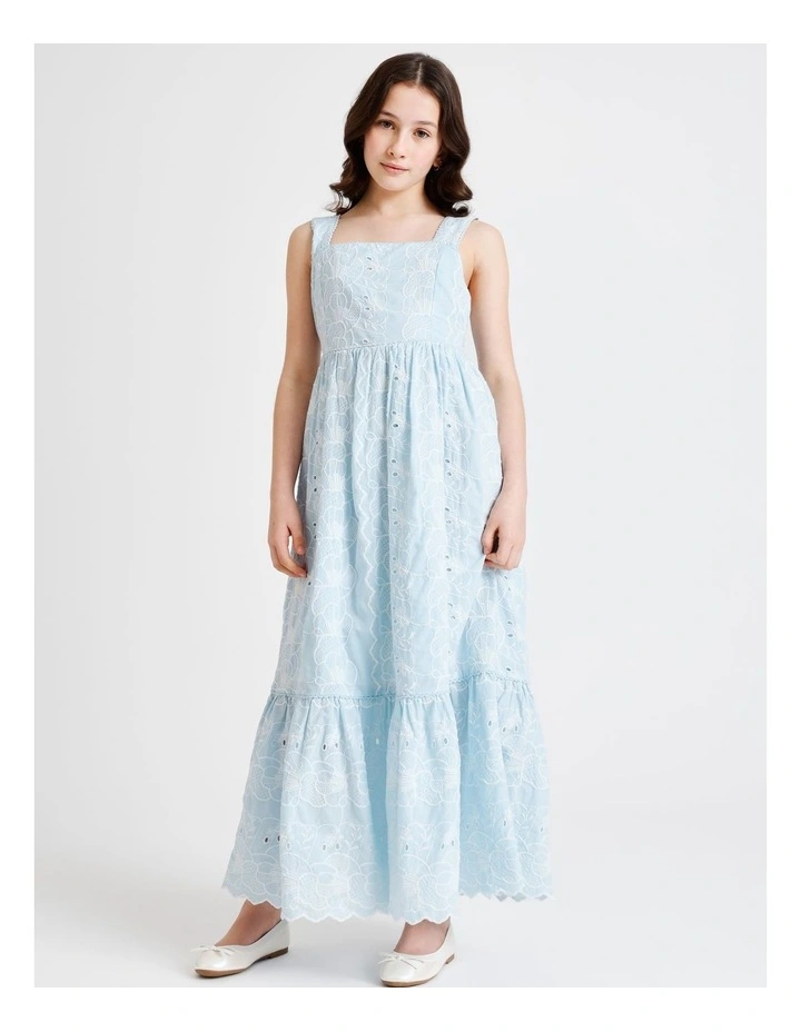 Hailey Short Sleeve Broidery Dress with Tiers and Scallop Hem in Blue image 4
