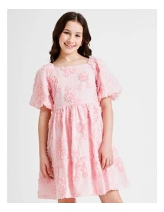 Sienna Short Sleeve Textured Dress with Tiered Skirt and Bubble Sleeve in Pink