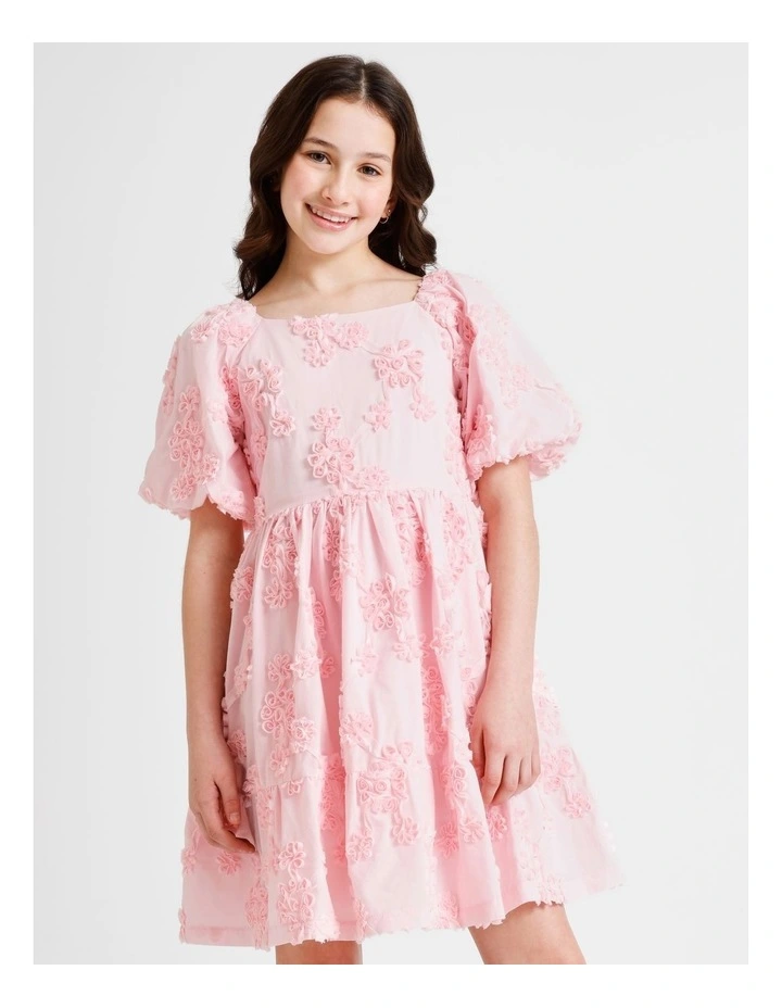 Sienna Short Sleeve Textured Dress with Tiered Skirt and Bubble Sleeve in Pink image 1