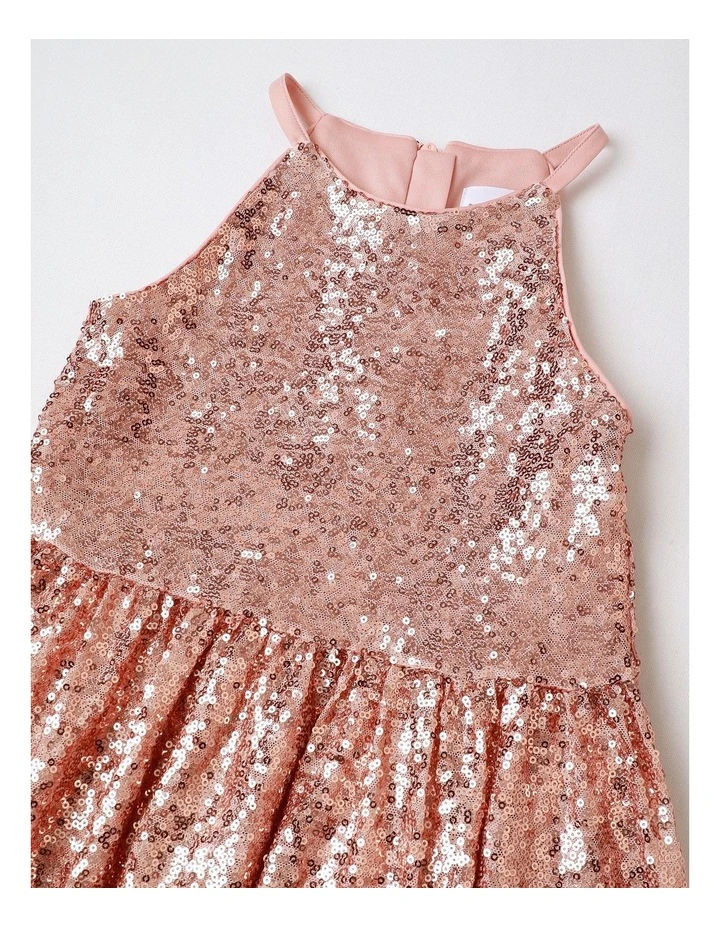 Jasmine Junior Sleeveless Halter Sequin Dress in Rose Gold image 2