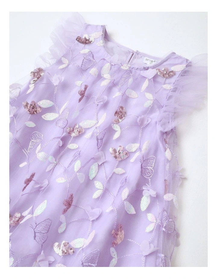 Evie Junior Short Sleeve A-line Dress With 3D Tulle and Sequins in Lilac image 2
