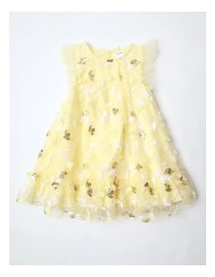 Evie Junior Short Sleeve A-line Dress with 3D Tulle and Sequins in Lemon