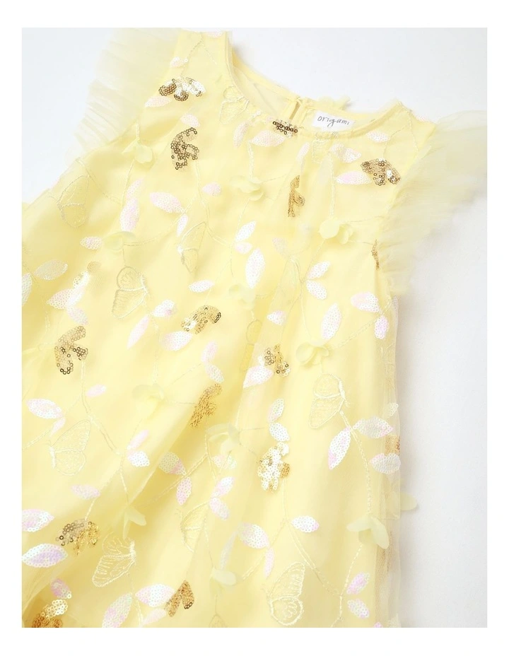 Evie Junior Short Sleeve A-line Dress with 3D Tulle and Sequins in Lemon image 2