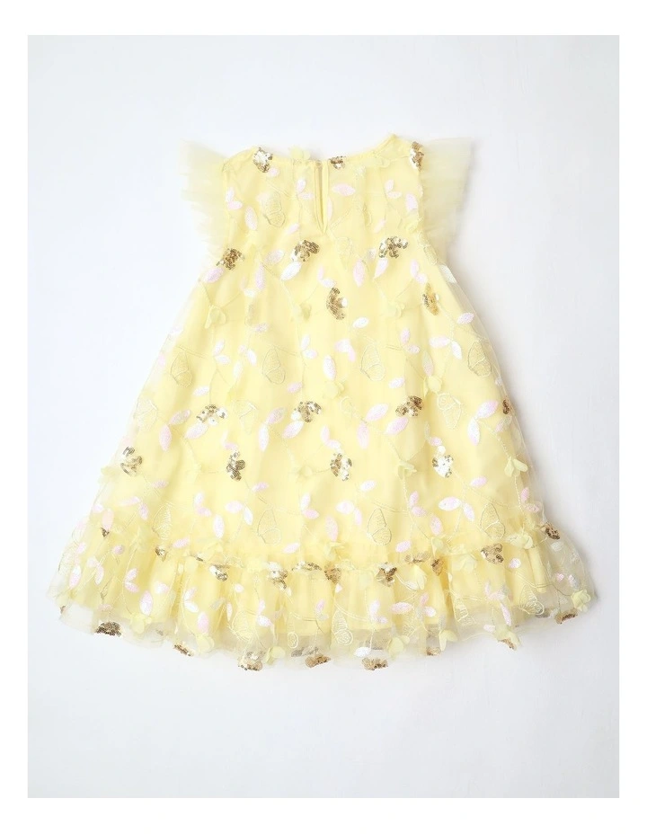 Evie Junior Short Sleeve A-line Dress with 3D Tulle and Sequins in Lemon image 3
