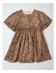 Imogen Junior Short Sleeve Fit and Flare Dress with Leopard Print and Bubble Sleeve