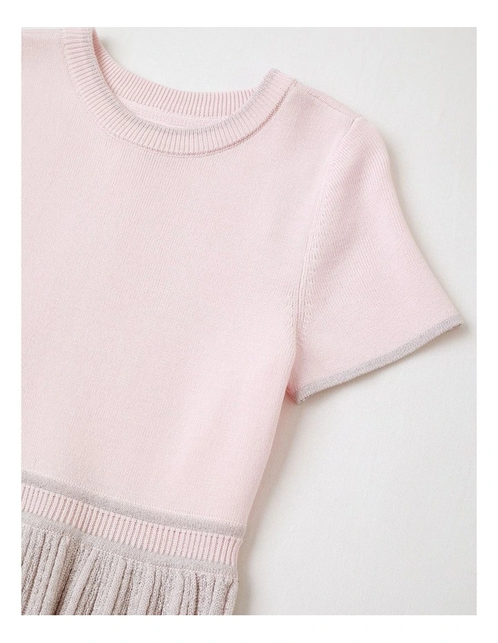Alice Junior Short Sleeve Knitted Dress with Lurex Skirt in Light Pink image 2