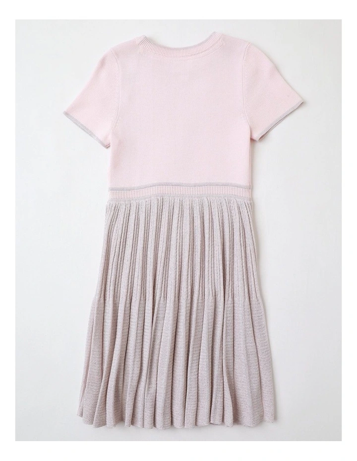 Alice Junior Short Sleeve Knitted Dress with Lurex Skirt in Light Pink image 3
