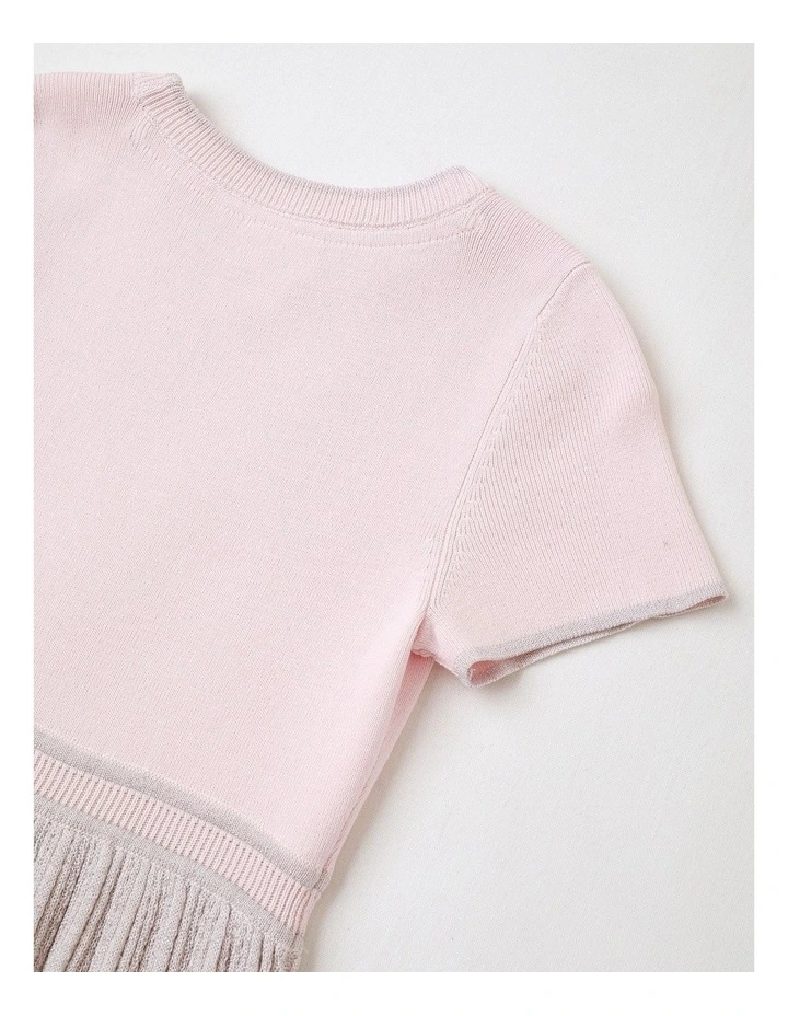 Alice Junior Short Sleeve Knitted Dress with Lurex Skirt in Light Pink image 4