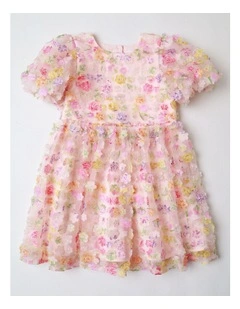 Lucinda Junior Short Sleeve Woven Mesh Floral Applique Dress with 3D Cut Outs in Light Pink