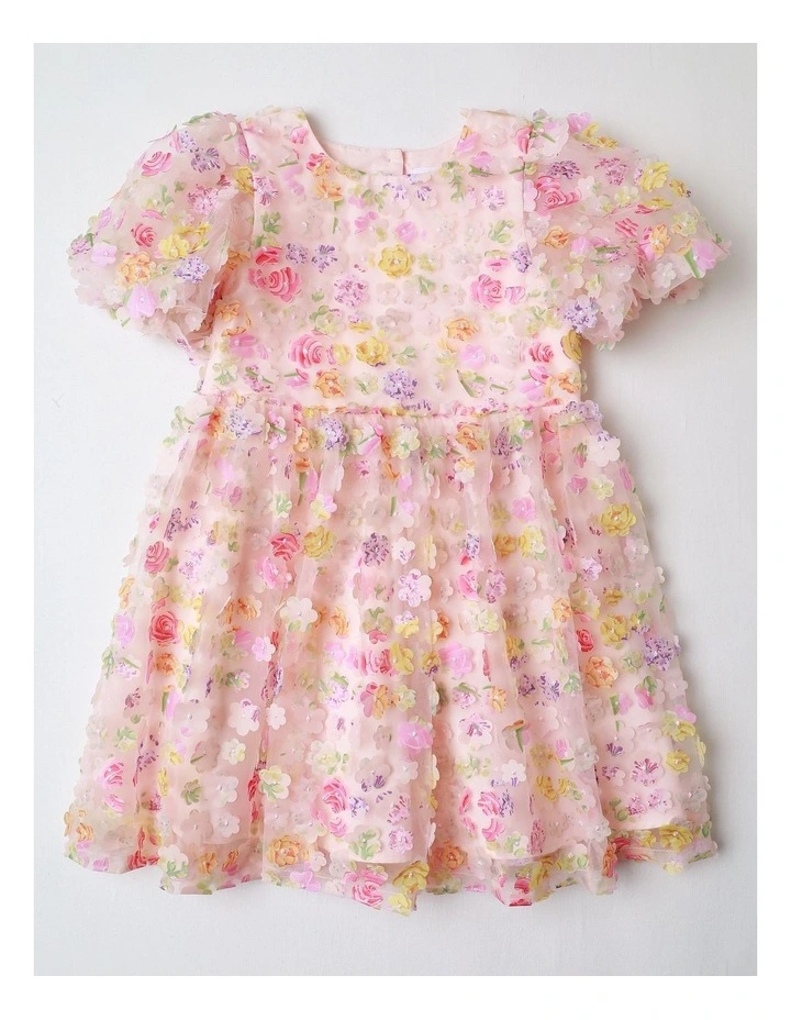 Lucinda Junior Short Sleeve Woven Mesh Floral Applique Dress with 3D Cut Outs in Light Pink image 1