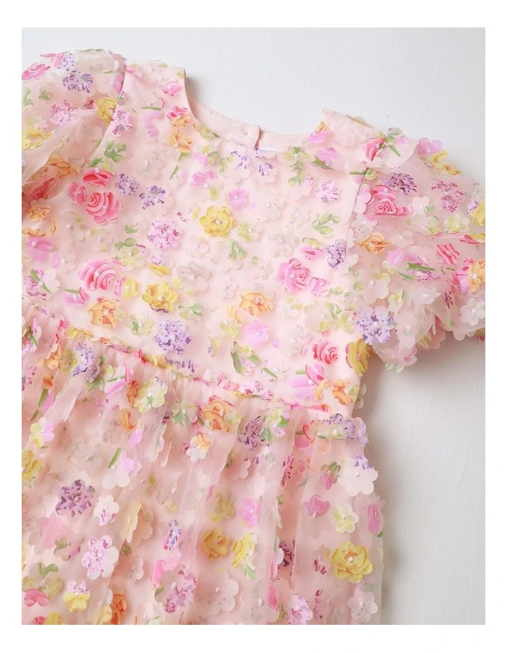 Lucinda Junior Short Sleeve Woven Mesh Floral Applique Dress with 3D Cut Outs in Light Pink image 2