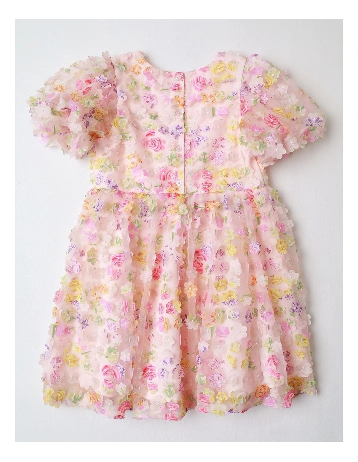 Lucinda Junior Short Sleeve Woven Mesh Floral Applique Dress with 3D Cut Outs in Light Pink image 3