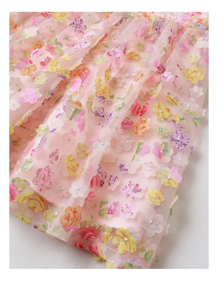 Lucinda Junior Short Sleeve Woven Mesh Floral Applique Dress with 3D Cut Outs in Light Pink image 4