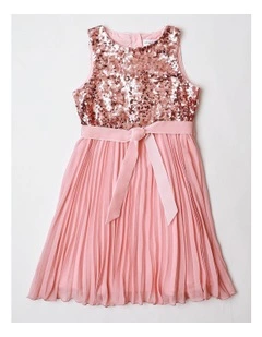 Star Junior Sleeveless Woven Sequin Dress with Pleated Skirt in Blush