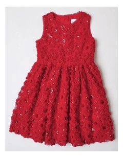 Holly Junior Sleeveless Fit and Flare Dress with Floral Rouleau in Scarlet