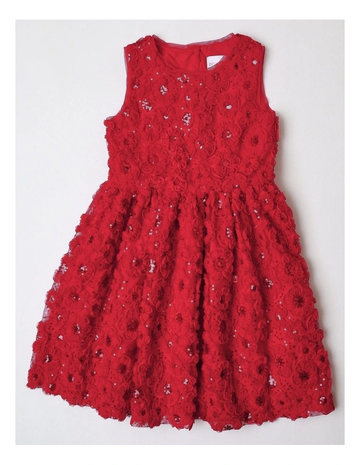 Holly Junior Sleeveless Fit and Flare Dress with Floral Rouleau in Scarlet image 1