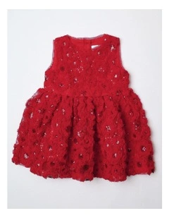 Skye Newborn Sleeveless Woven Fit and Flare Dress with Tulle Rouleau in Scarlet