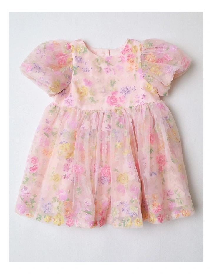 Lulu Newborn Short Sleeve Woven Mesh Floral Applique Dress with 3D Cut Outs in Light Pink image 1