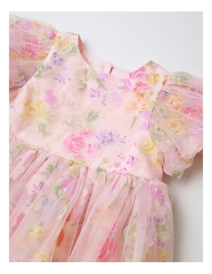 Lulu Newborn Short Sleeve Woven Mesh Floral Applique Dress with 3D Cut Outs in Light Pink image 2