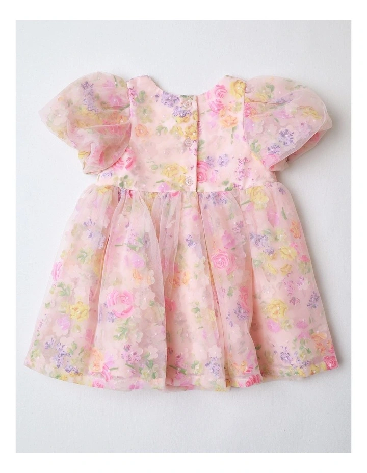 Lulu Newborn Short Sleeve Woven Mesh Floral Applique Dress with 3D Cut Outs in Light Pink image 3