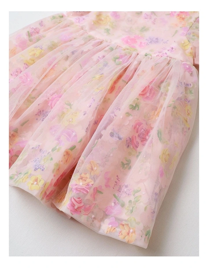 Lulu Newborn Short Sleeve Woven Mesh Floral Applique Dress with 3D Cut Outs in Light Pink image 4