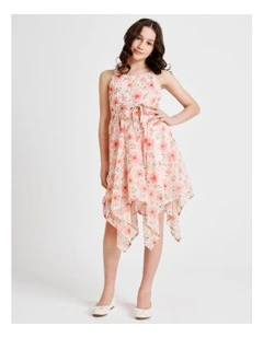 Audrey Senior Sleeveless Woven Dress with Hankerchief Hem and Floral Print in Light Pink