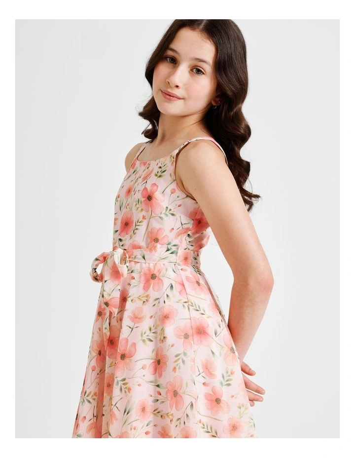 Audrey Senior Sleeveless Woven Dress with Hankerchief Hem and Floral Print in Light Pink image 2