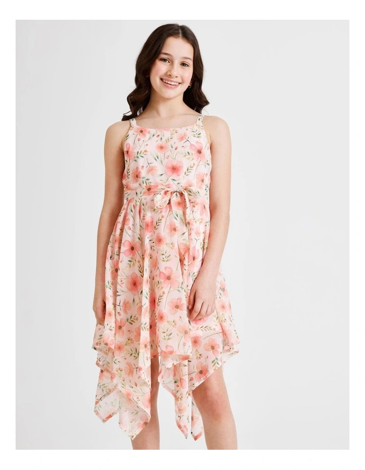 Audrey Senior Sleeveless Woven Dress with Hankerchief Hem and Floral Print in Light Pink image 3