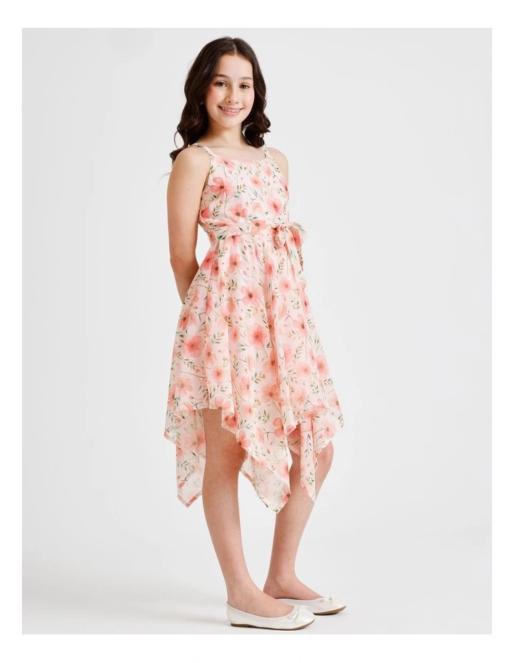 Audrey Senior Sleeveless Woven Dress with Hankerchief Hem and Floral Print in Light Pink image 4