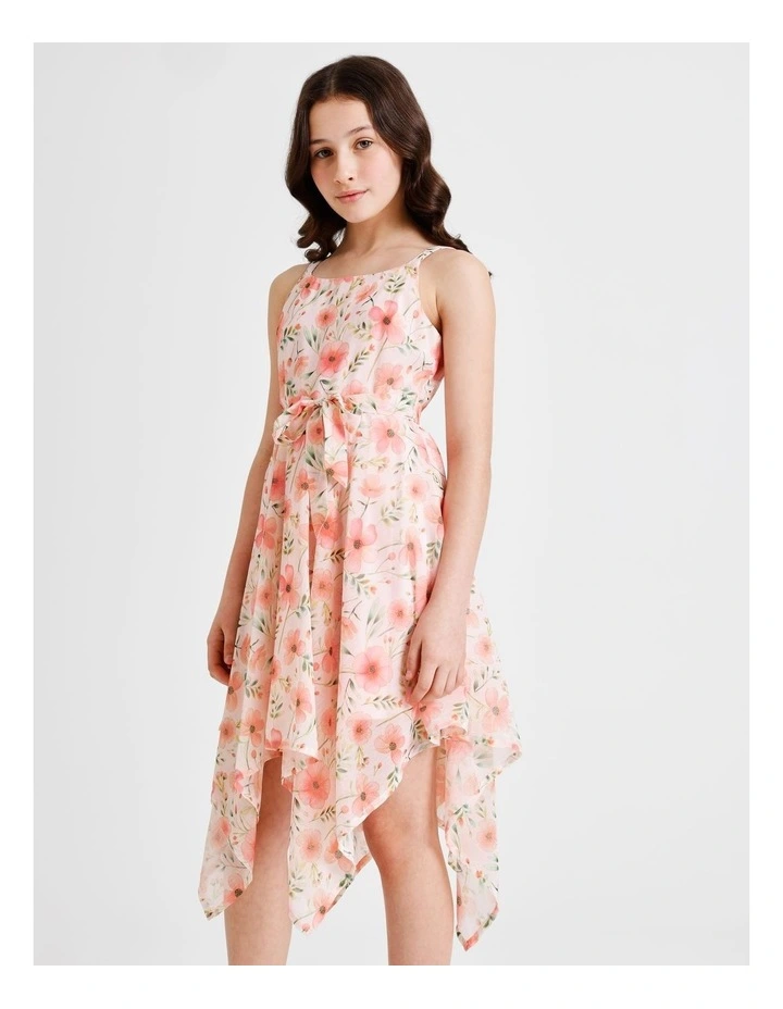 Audrey Senior Sleeveless Woven Dress with Hankerchief Hem and Floral Print in Light Pink image 5