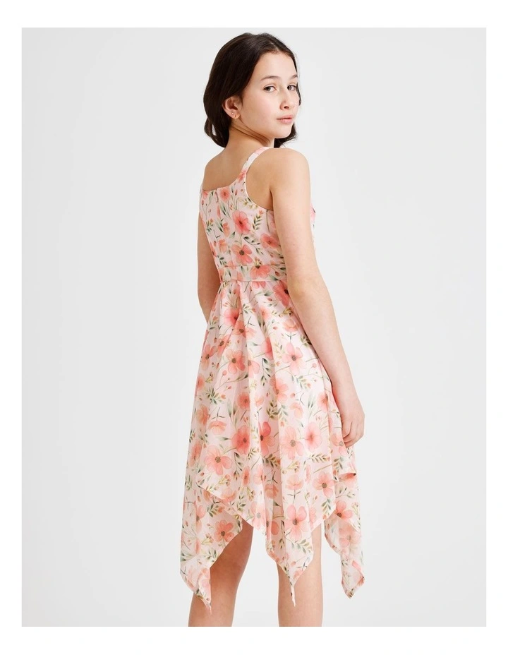 Audrey Senior Sleeveless Woven Dress with Hankerchief Hem and Floral Print in Light Pink image 6