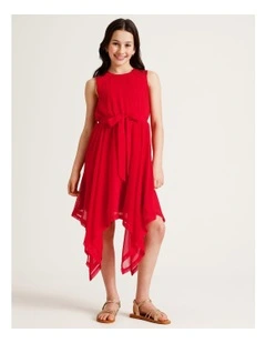 Olivia Senior Sleeveless Dress with Pleated Bodice and Handkerchief Hem in Scarlet