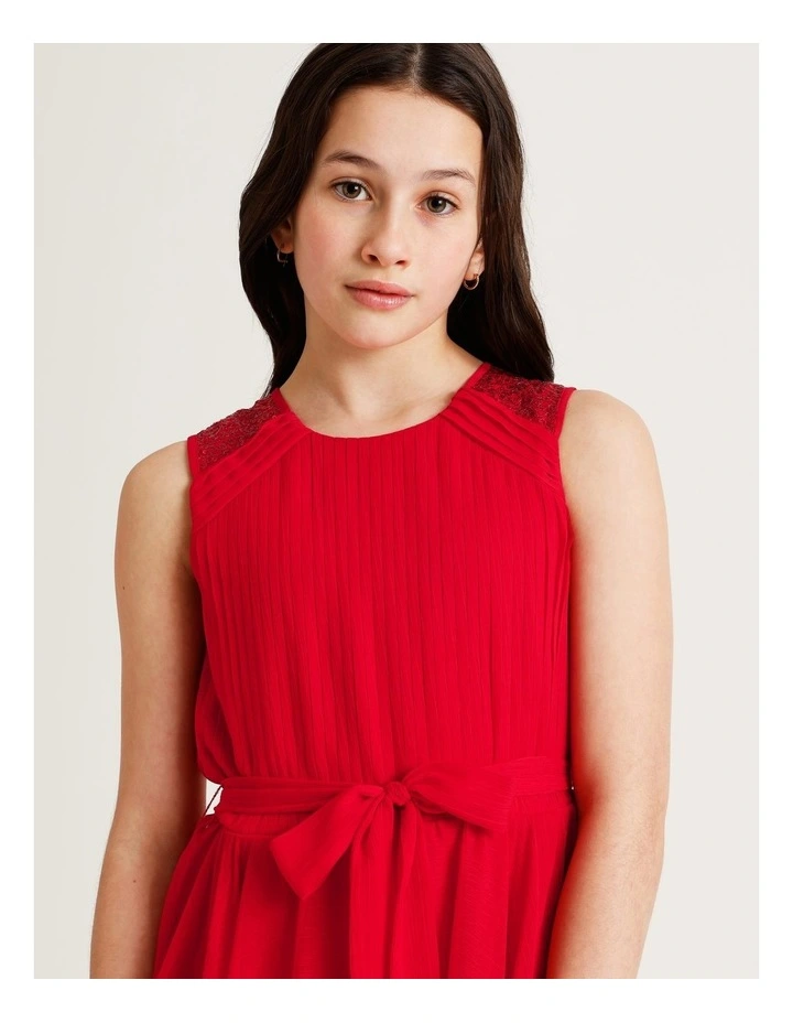 Olivia Senior Sleeveless Dress with Pleated Bodice and Handkerchief Hem in Scarlet image 3