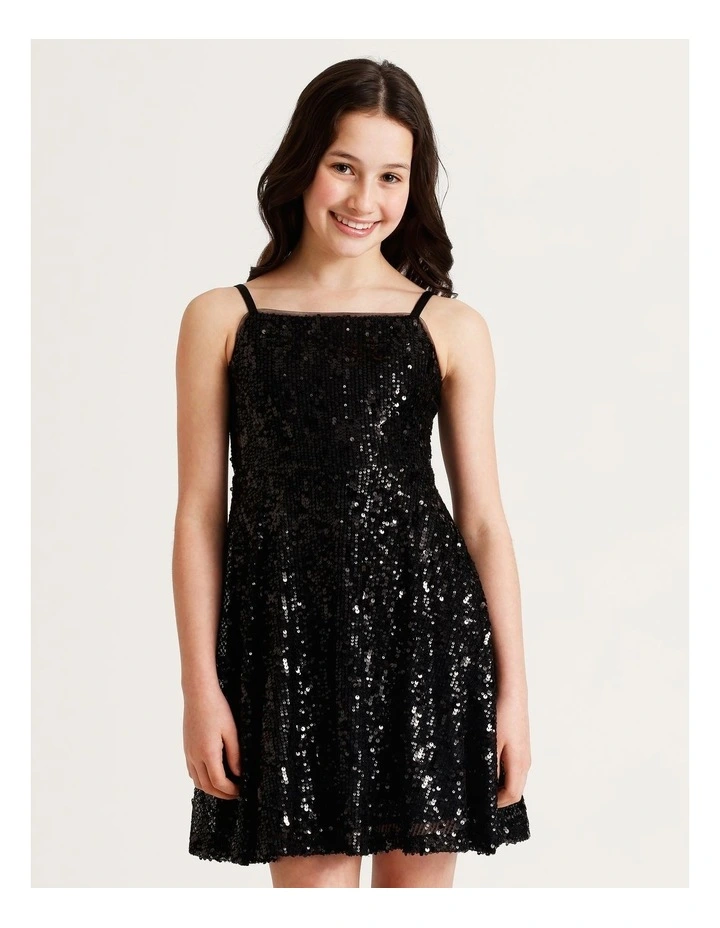 Eve Senior Sleeveless Sequin Fit and Flare Dress in Black image 2