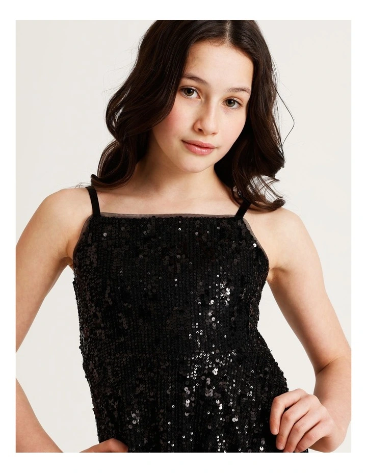 Eve Senior Sleeveless Sequin Fit and Flare Dress in Black image 3