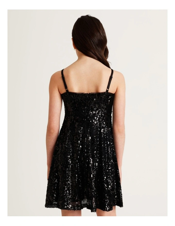 Eve Senior Sleeveless Sequin Fit and Flare Dress in Black image 5
