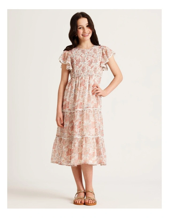 Genevieve Senior Short Sleeve Maxi Dress With Tiered Skirt & Lurex Stripe in Multi image 3