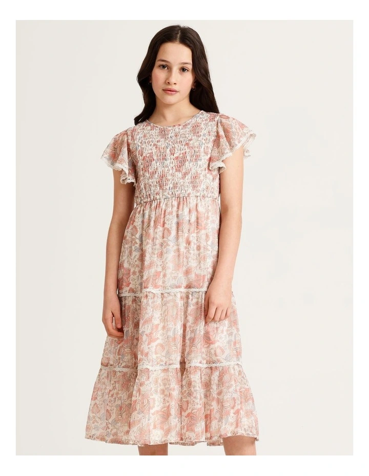 Genevieve Senior Short Sleeve Maxi Dress With Tiered Skirt & Lurex Stripe in Multi image 4