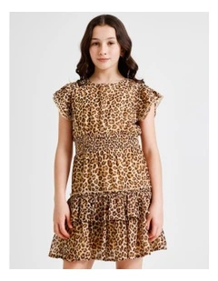 Izzy Senior Short Sleeve Lurex Mini Dress with Leopard Print, Ruffles and Shirred Waist in Multi