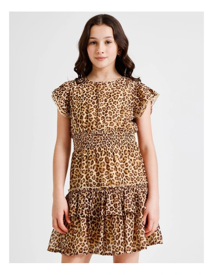 Izzy Senior Short Sleeve Lurex Mini Dress with Leopard Print, Ruffles and Shirred Waist in Multi image 1