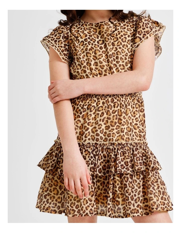Izzy Senior Short Sleeve Lurex Mini Dress with Leopard Print, Ruffles and Shirred Waist in Multi image 2