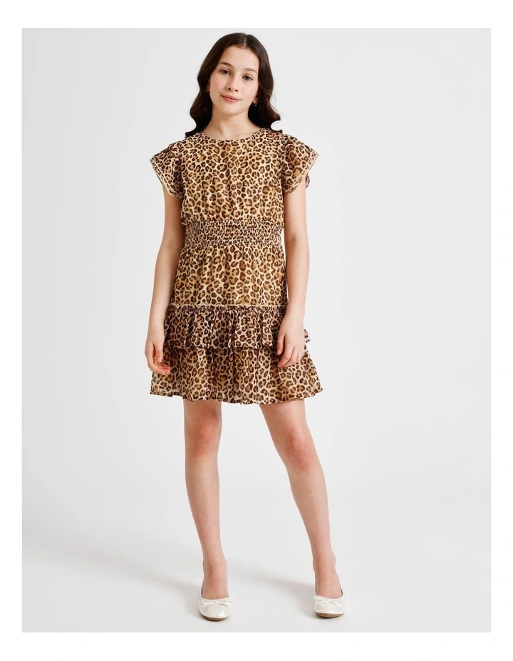 Izzy Senior Short Sleeve Lurex Mini Dress with Leopard Print, Ruffles and Shirred Waist in Multi image 3