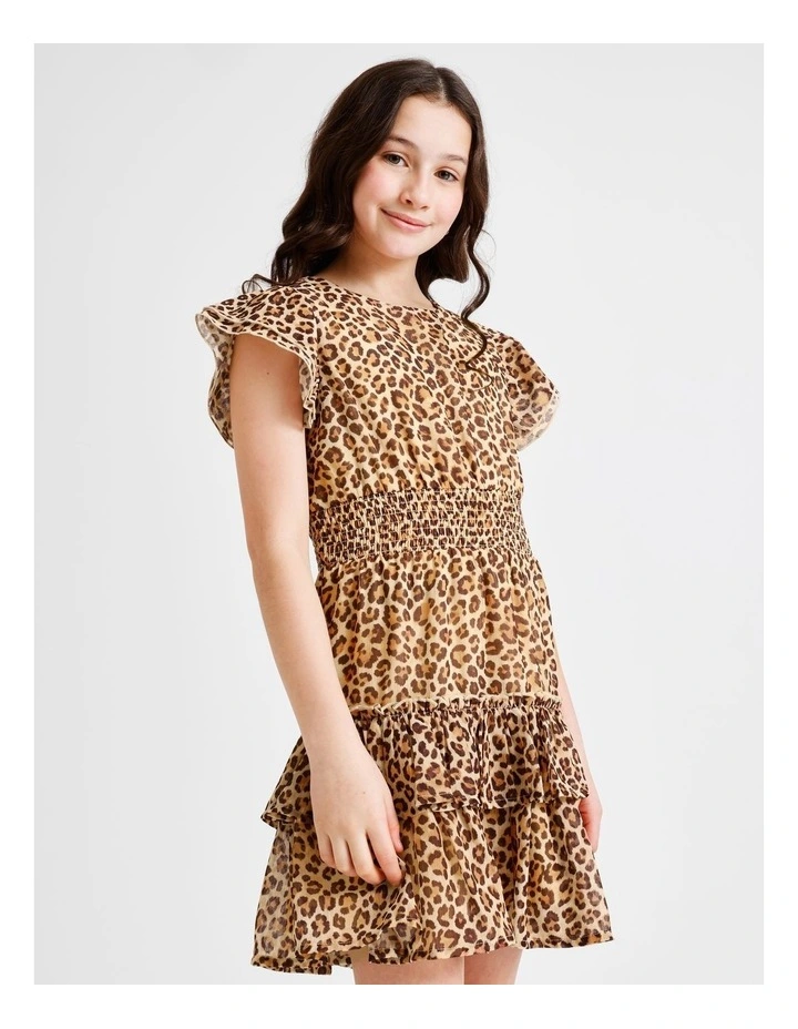 Izzy Senior Short Sleeve Lurex Mini Dress with Leopard Print, Ruffles and Shirred Waist in Multi image 4