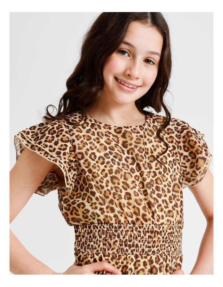Izzy Senior Short Sleeve Lurex Mini Dress with Leopard Print, Ruffles and Shirred Waist in Multi image 5